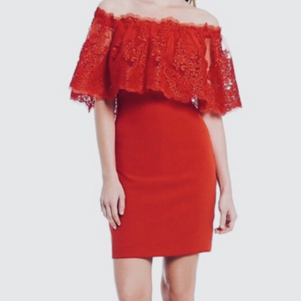NWT Badgley Mischka Red Lace Off Shoulder Evening Dress Sz 6